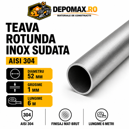 Teava rotunda inox sudata AISI 304, 52 x 1 mm, 6 metri